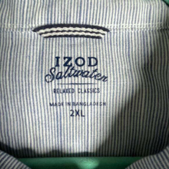 Izod Men 2XL Saltwater Relaxed Classic Blue White Striped Cotton Short‎ Sleeves - Picture 10 of 12